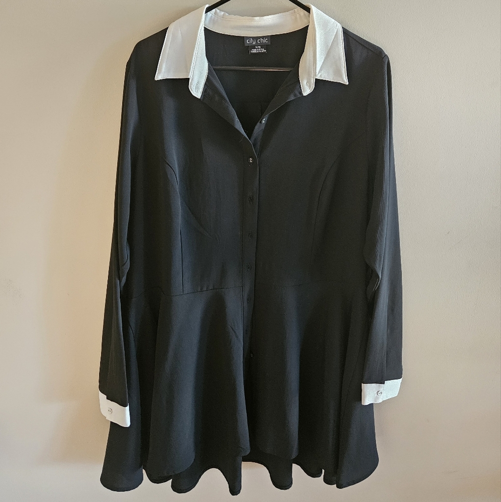 City Chic White and Black Button Down Peplum Top